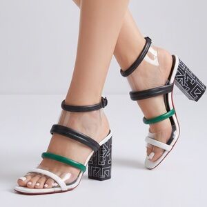 Malloni Women's Leather Strappy Block Heel Sandals in Black, White & Green